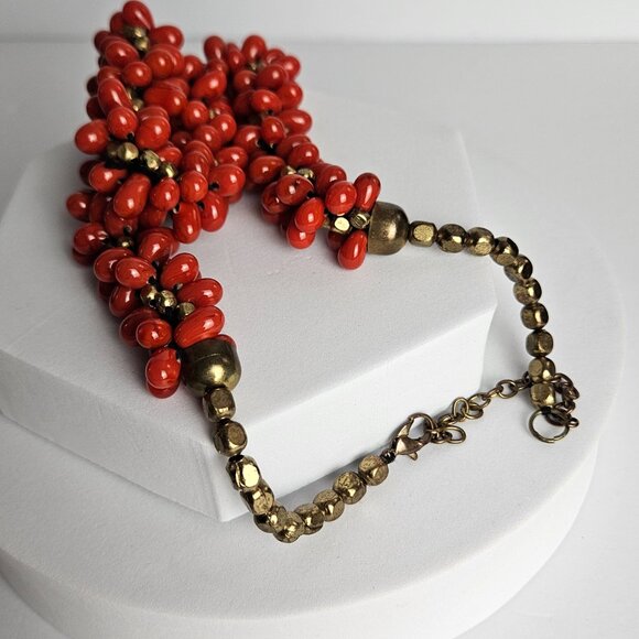 Vtg Red Necklaced Glass or Natural Stone Bead Cluster Necklace Mid-Century Retro - Picture 6 of 13